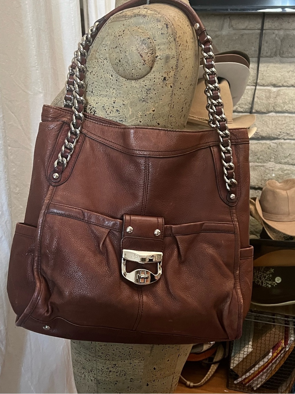 Y2K Makowsky Leather Chain-Handle Shoulder Bag in Chestnut Brown